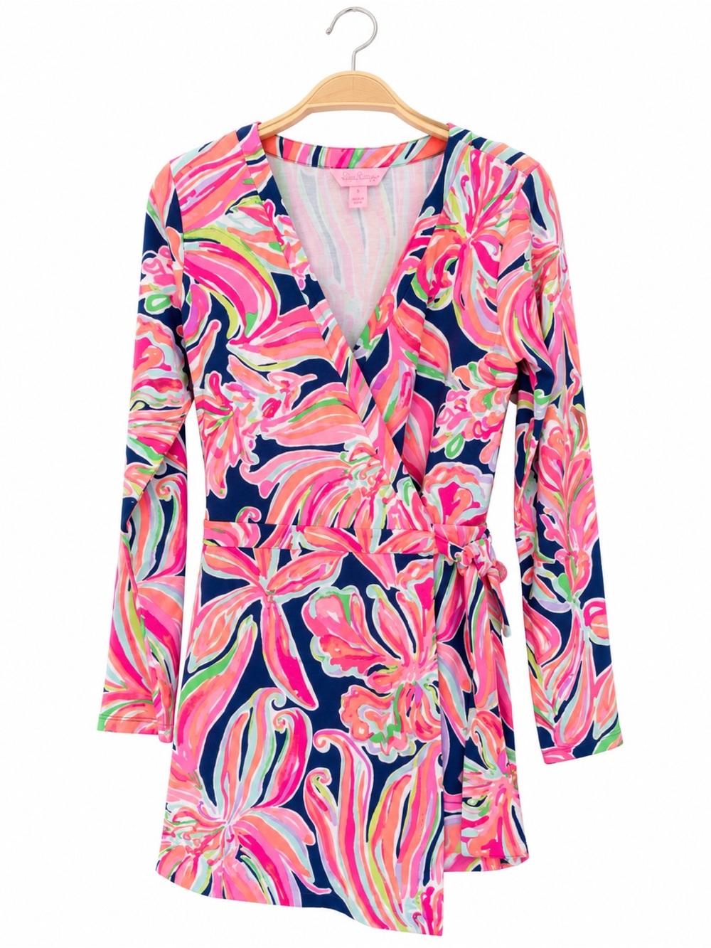Lilly Pulitzer Tiki Wrap Romper Banana Flambe Pink Navy Floral Size S